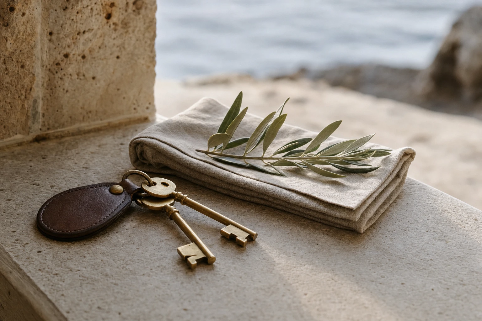Brass room keys and a sprig of olive on a stone ledge