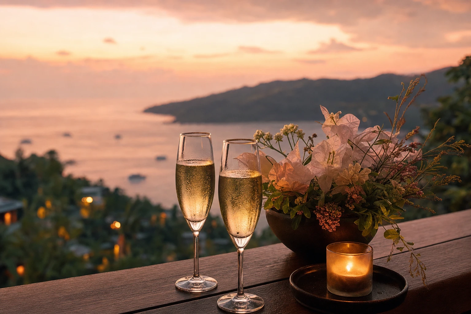 Two glasses of champagne over the bay at dusk